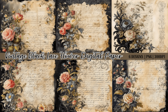 Download Vintage Black Lace Flower Digital Paper - Vintage Collection
